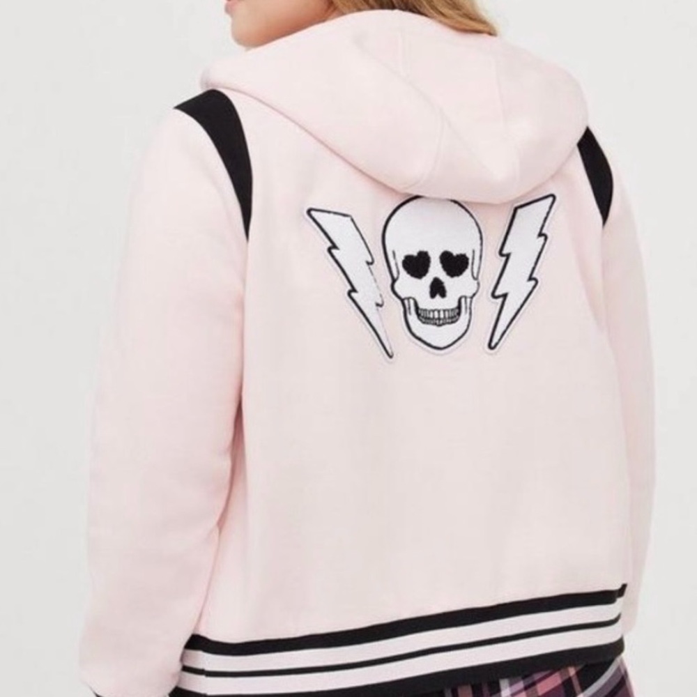 Torrid Pink Hooded Varsity Skull Jacket Women’s Size L Torrid 0 Pastel Goth